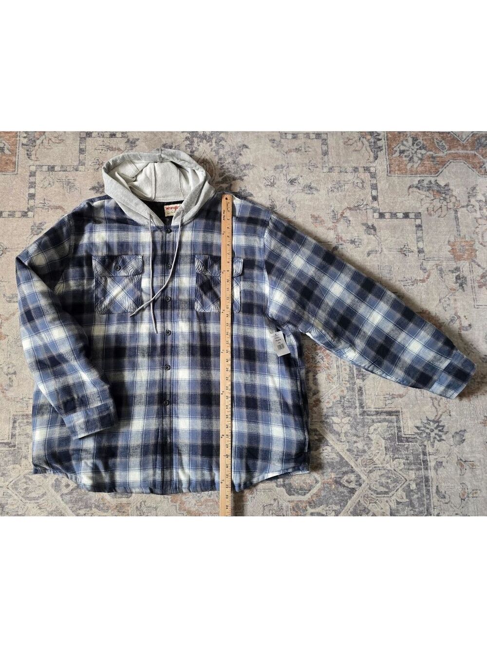 NEW Men's Wrangler Blue and Gray Plaid Hooded Flannel Shirt Jacket, Size XXXL